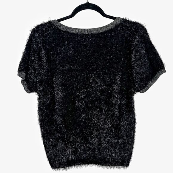 Natural Life Black Fuzzy Knit Short Sleeve Sweater Top Gray Trim Size Large - Picture 3 of 5